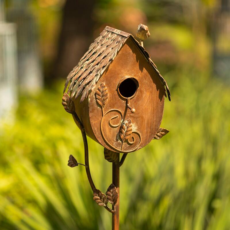 Country Style Iron Birdhouse Stake "Farm House" - Brown - Iron - Medium