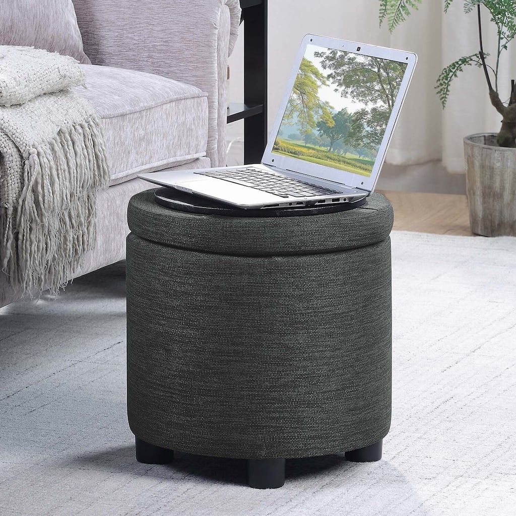 Compact Round Accent Storage Ottoman with Reversible Tray Lid for Stylish Seating and Convenient Storage