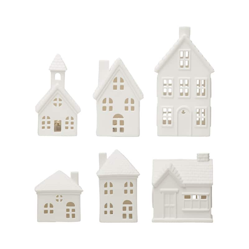 Stoneware Bisque Houses with LED Lights, Set of 6 - Multi