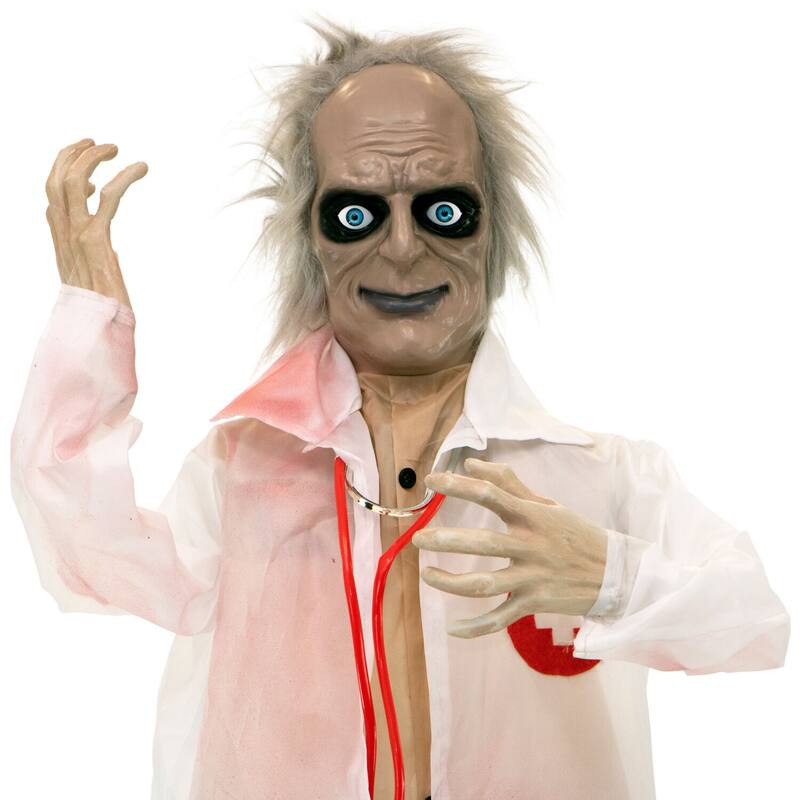 Haunted Hill Farm 5.4-Ft. Animatronic Doctor, Indoor/Covered Outdoor Halloween Decoration, Red LED Eyes, Laughing