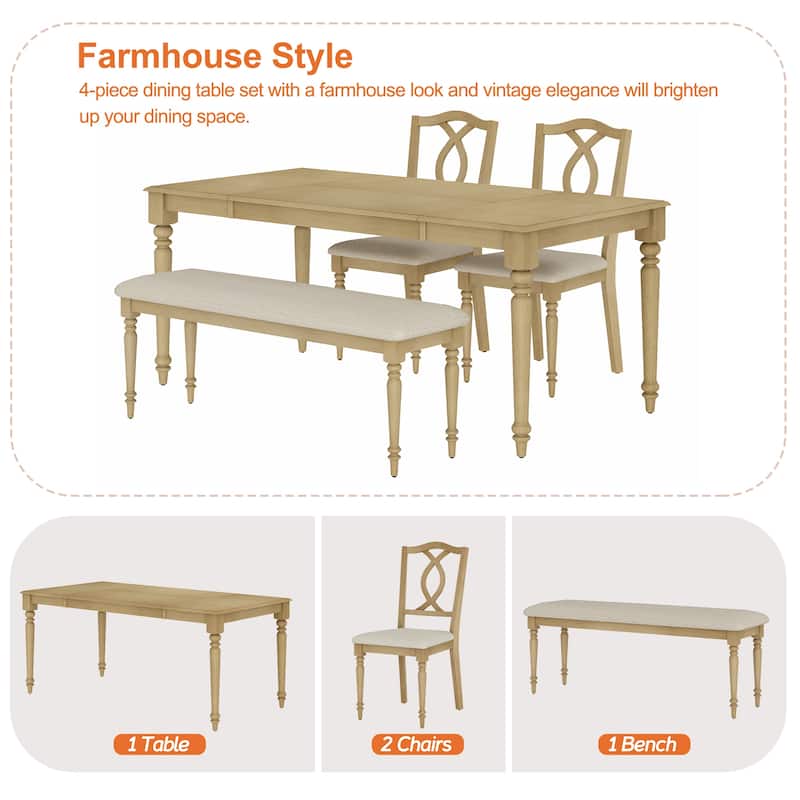 4-Piece Dining Table Set, Table with Bench & 2 Cross-Back Chairs, Oak