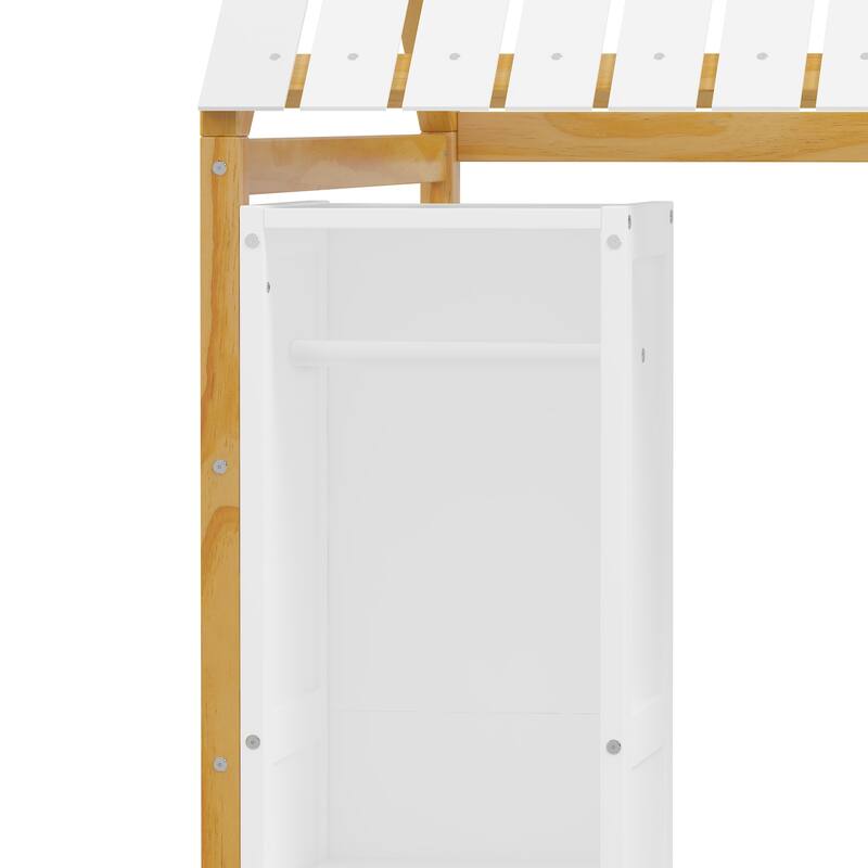 Wooden Twin Size House Bed with Fence and Roof, Kids Floor Bed with Two Movable Wardrobes, Natural