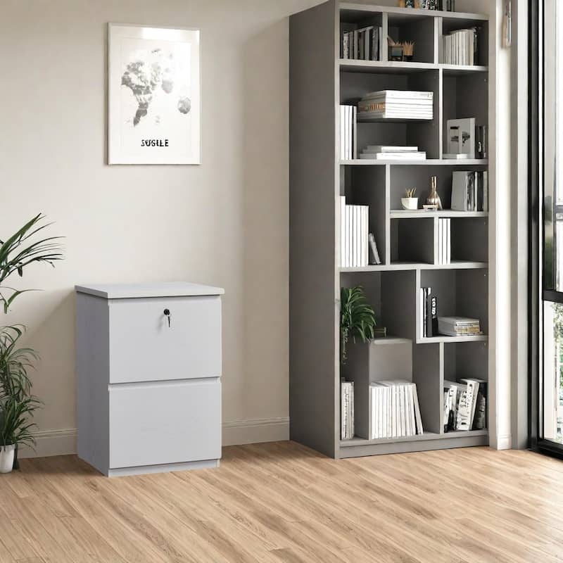 KOWO Wooden 2-Drawer Filing Cabinet with Lock Letter Size Office Storage, Locking Document Organizer for Home or Workplace - White - Legal