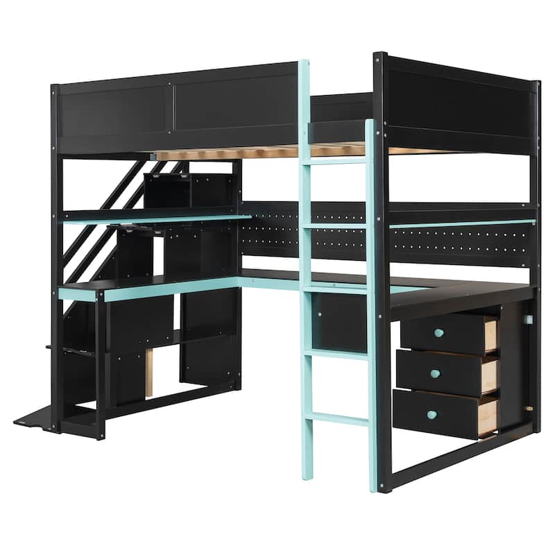 Gaming Loft Bed with Desk - Full/Twin, Includes Storage Stairs, Shelves & Pegboard