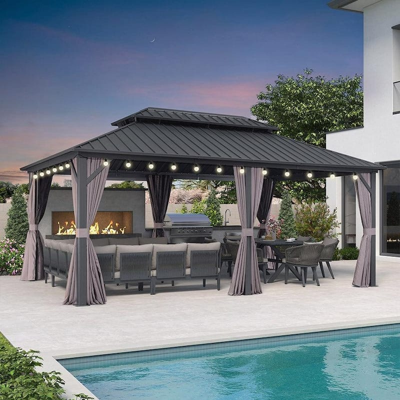 PURPLE LEAF Gazebo Outdoor Gazebo with Dual-Layer Galvanized Steel Double Roof Aluminum Gazebo with Netting and Curtains Grey - 12' x 18'(Hot Sale) - With light