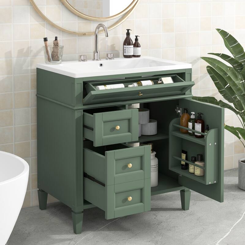 30''/36'' Bathroom Vanity with Top Sink, Modern Bathroom Storage Cabinet with 2 Drawers, a Tip-out Drawer & Adjustable Shelf
