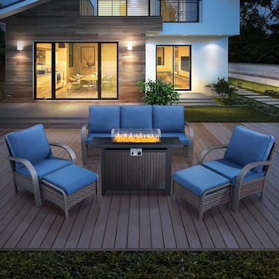 6 Piece Sofa Patio Chairs Ottoman with Rectangle Fire Pit Table - Blue Cushion - Brown