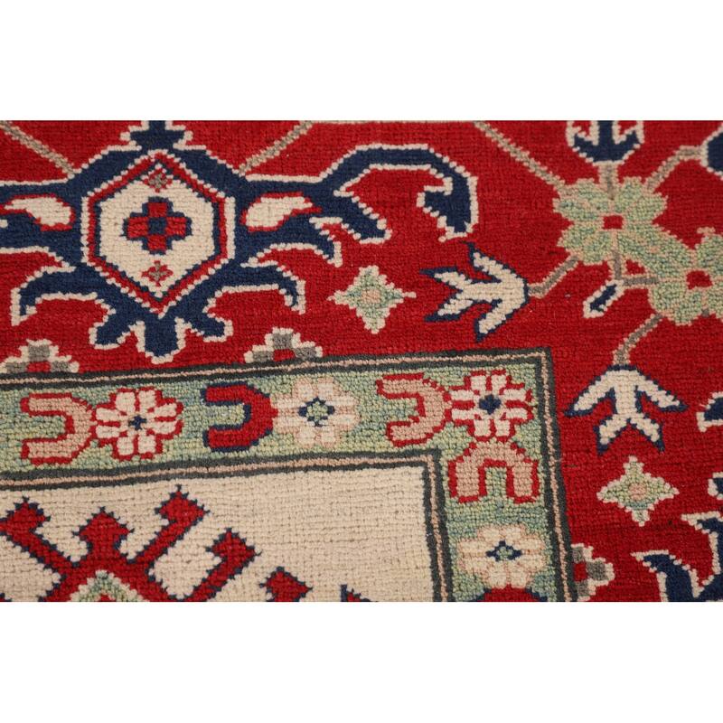 Geometric Kazak Area Rug Hand-Knotted Beige Oriental Wool Carpet - 6'9" x 9'9"