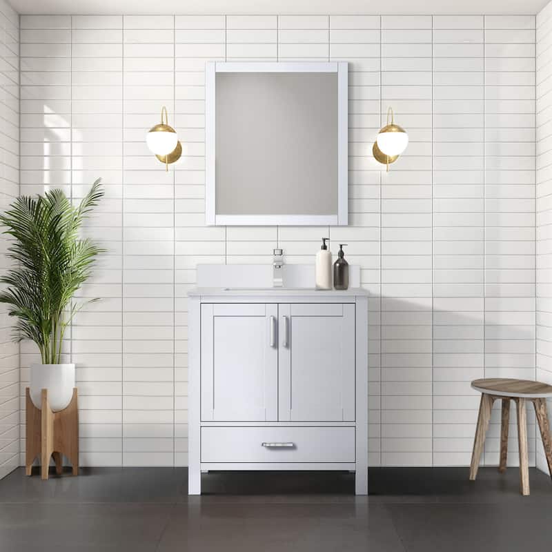 Jacques White Bath Vanity, Cultured Marble Top, Faucet Set and Mirror