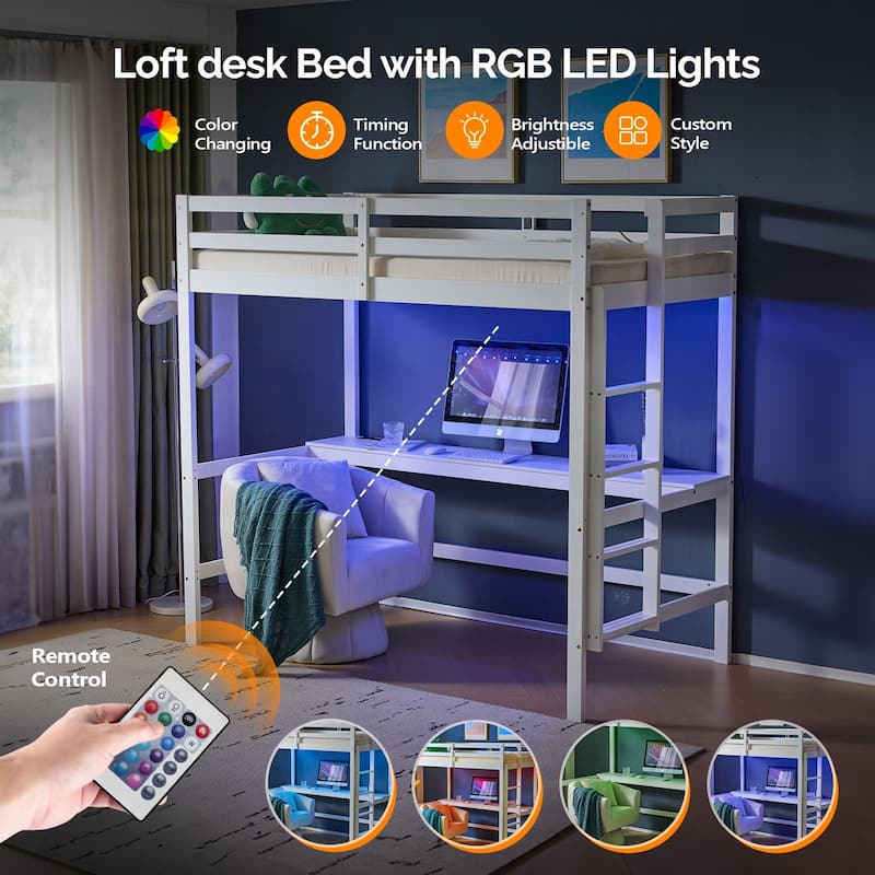 Wood Loft Bed with Desk Twin Size with RGB LED for Adults, 2 Charging Station