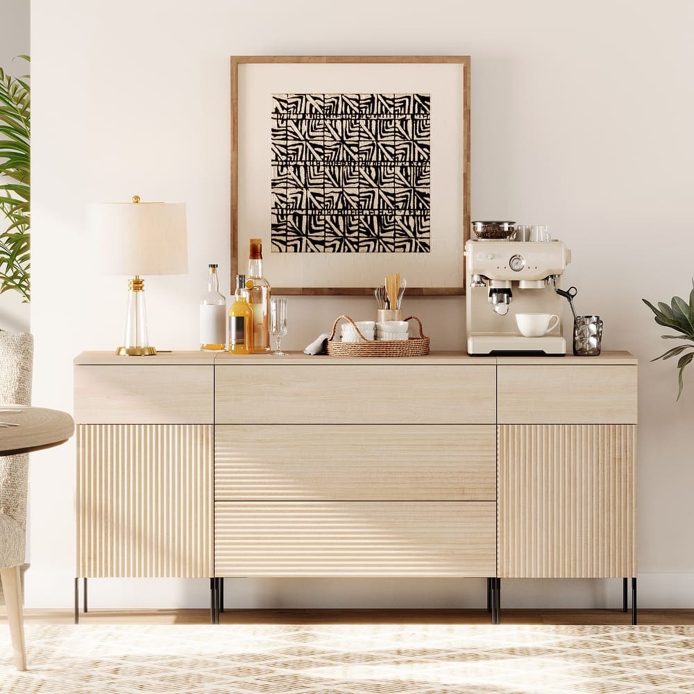63" Wooden Reeded Sideboard With Built-In Charging Station, 3-In-1 Modern Credenza