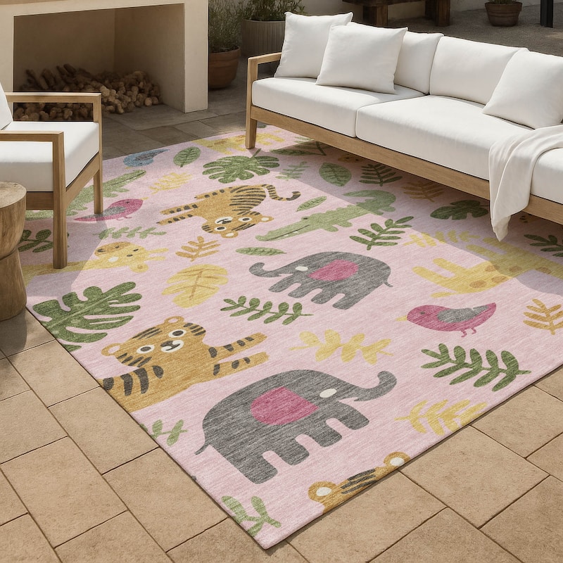 Machine Washable Indoor/ Outdoor Whimsy Safari Animals Chantille Rug - Pink - 8' x 10'