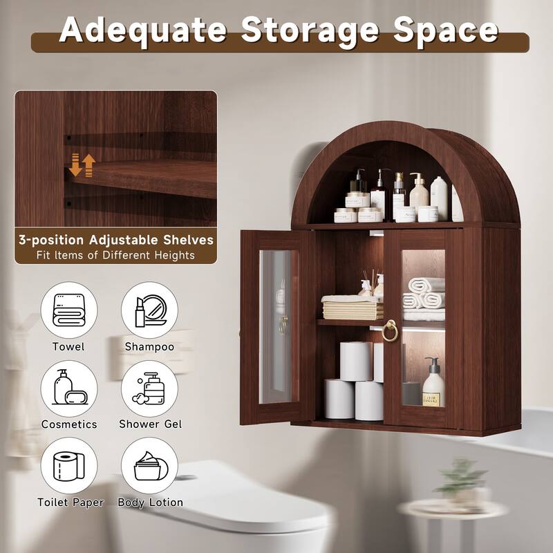 Wall Mounted Arched Cabinet with Glass Doors, Light and Adjustable Shelves for Laundry Room, Bathroom, Kitchen