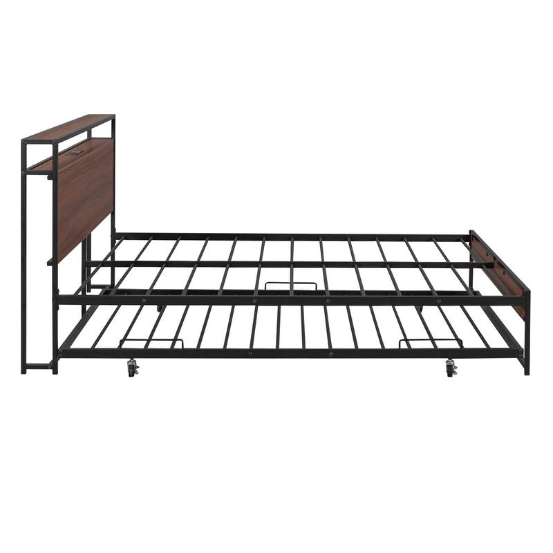 Full/Queen Metal Bed Frame with Trundle, USB Charging Ports, and Slat Support, Modern Design, No Box Spring Required