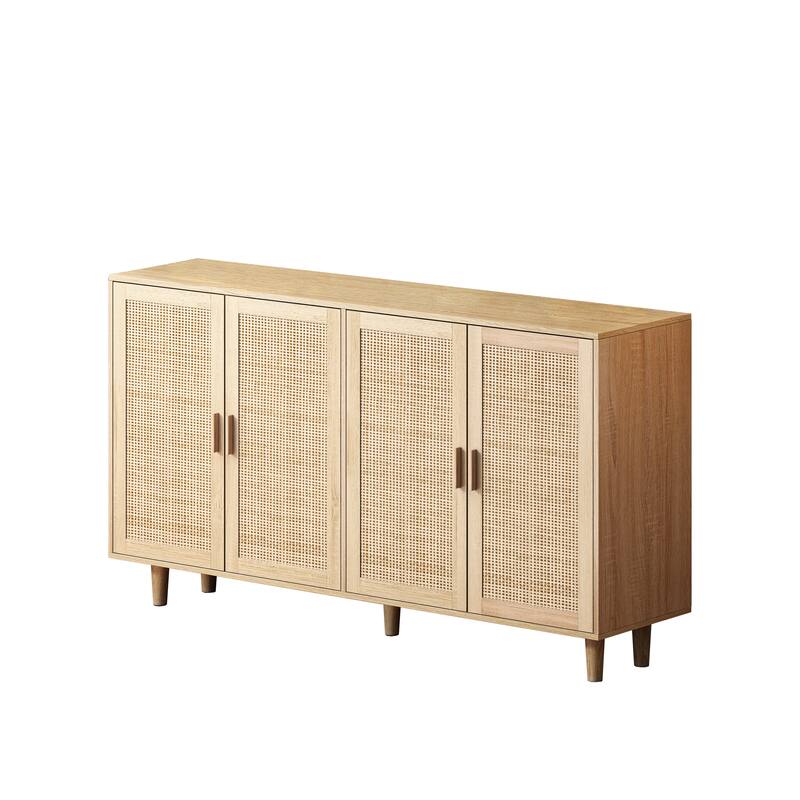 62.20" Modern Rattan Decorative Storage Cabinet with Solid Wood Legs, 4 Doors, Adjustable Shelves Versatile for Home and Office