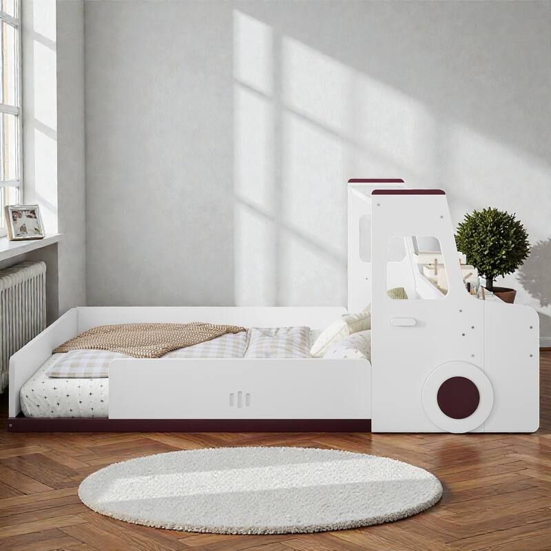 Kids Car Floor Bed with Storage Drawers and Desk, Car-Shaped Wood Floor Bed with Window, Twin Full Sizes