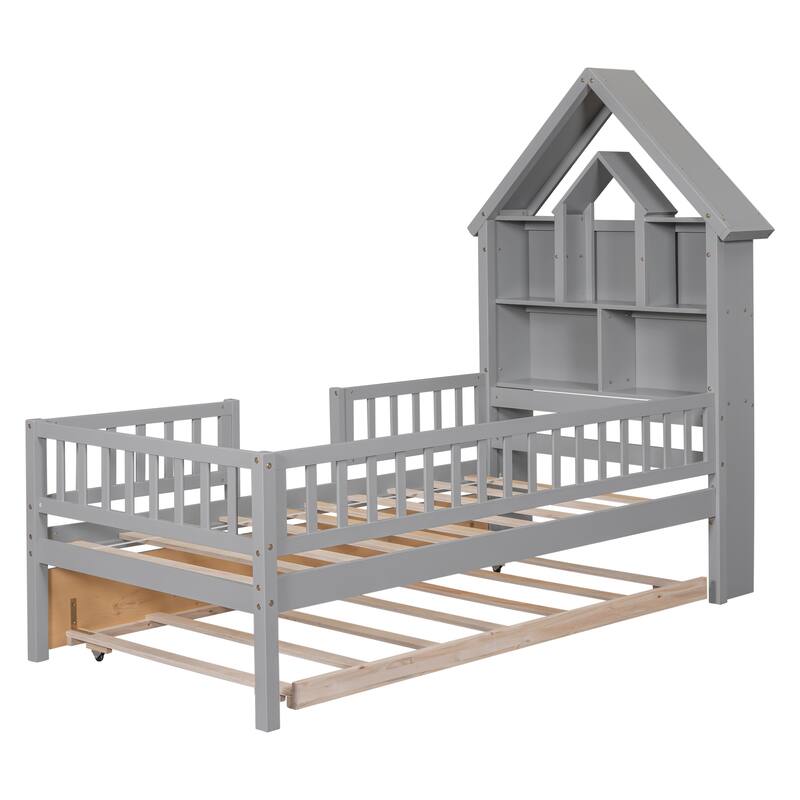 Pine Wood Twin Size HouseShaped Bed with Fence Guardrails, Trundle and
