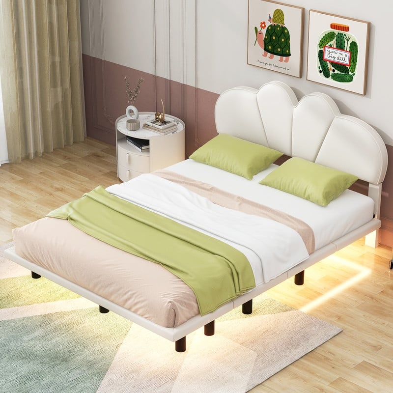 Beige Solid Pine Queen Size Upholstery Platform Bed with PU Leather Headboard and Underbed LED LightBeige Solid Pine Queen Size Upholstery Platform Bed with PU Leather Headboard and Underbed LED Light