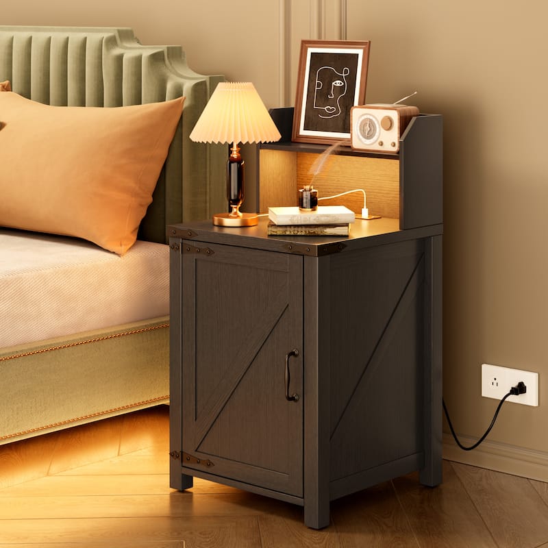 Nightstand End Table Side Table with Charging Station, Storage Cabinet with Adjustable Storage Shelf - Black