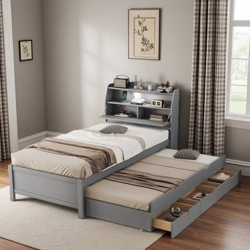 Full Platform Bed with Pull-Out Trundle, LED Headboard Lighting, USB Charging Ports, Flip-Up Storage, and Under-Bed Drawers - Gray - Twin