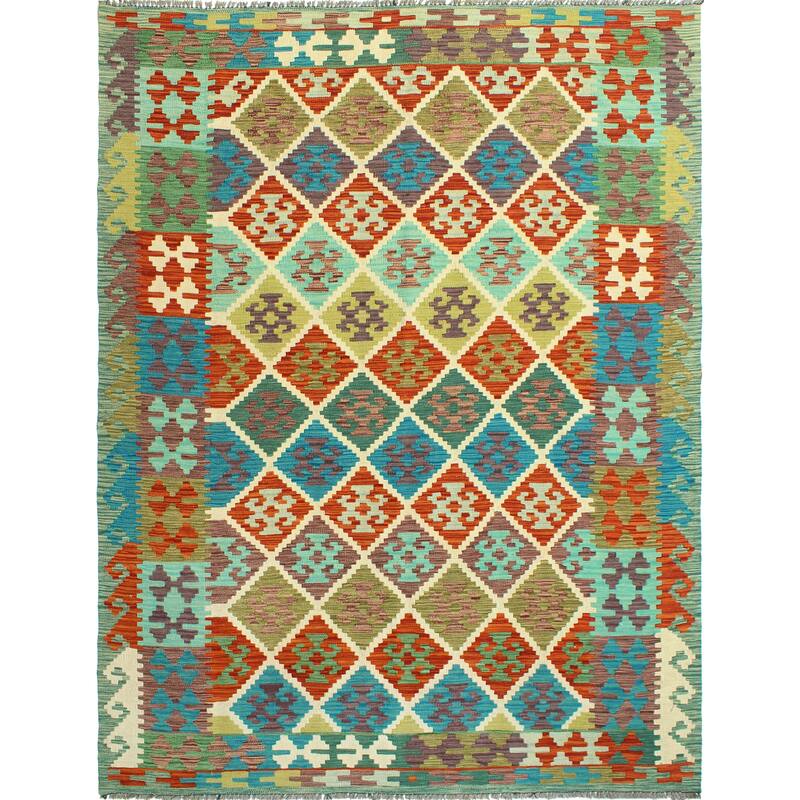 Flatweave Qadeer Red/Turquoise Rug - 5'7" x 7'10"