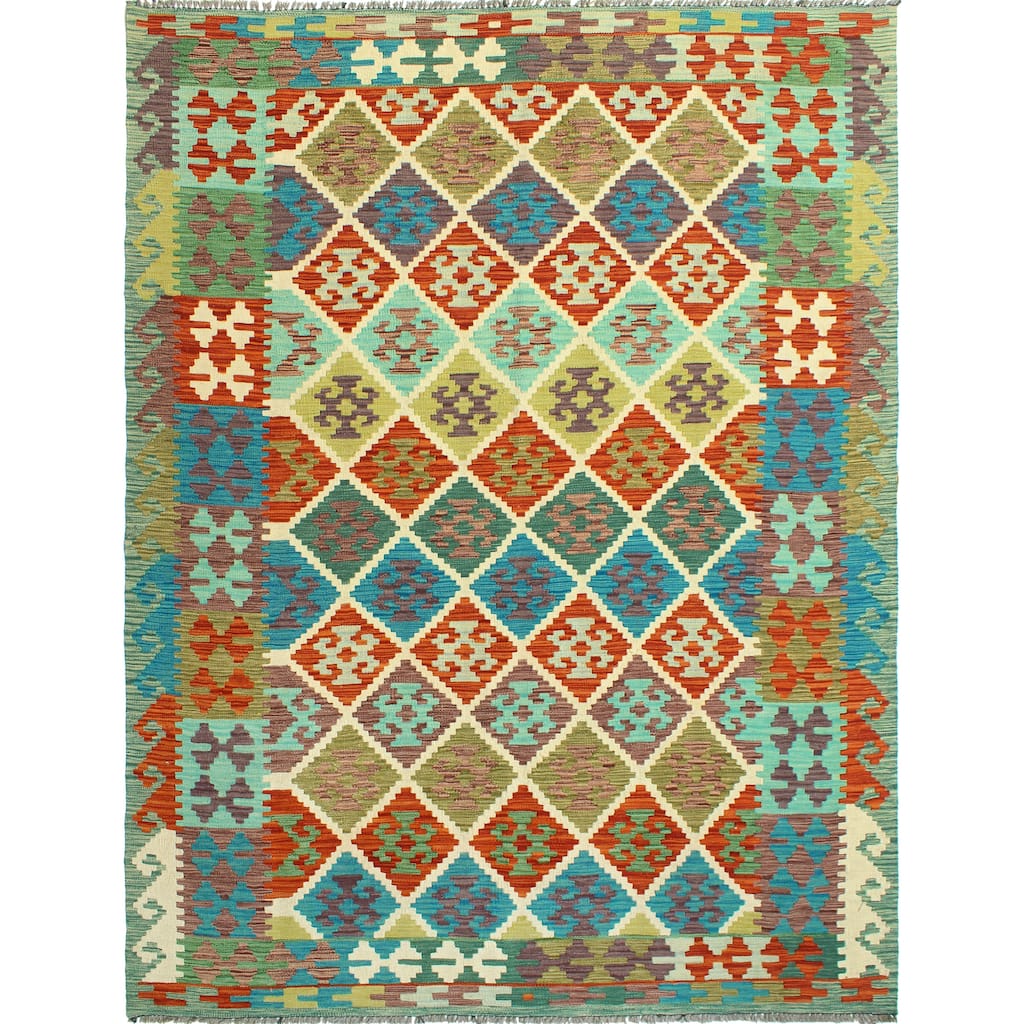 Flatweave Qadeer Red/Turquoise Rug - 5'7" x 7'10"