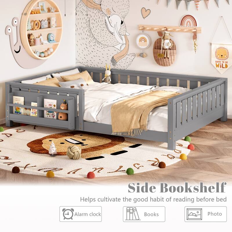 Montessori Floor Bed Low Profile Kids Bed with Rails & Bookshelf