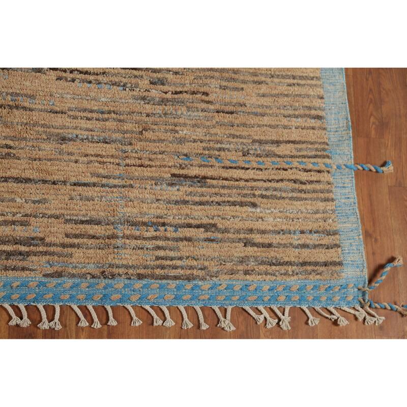 Brown Striped Moroccan Modern Area Rug Hand-Knotted Wool Carpet - 8'9"x 13'0"