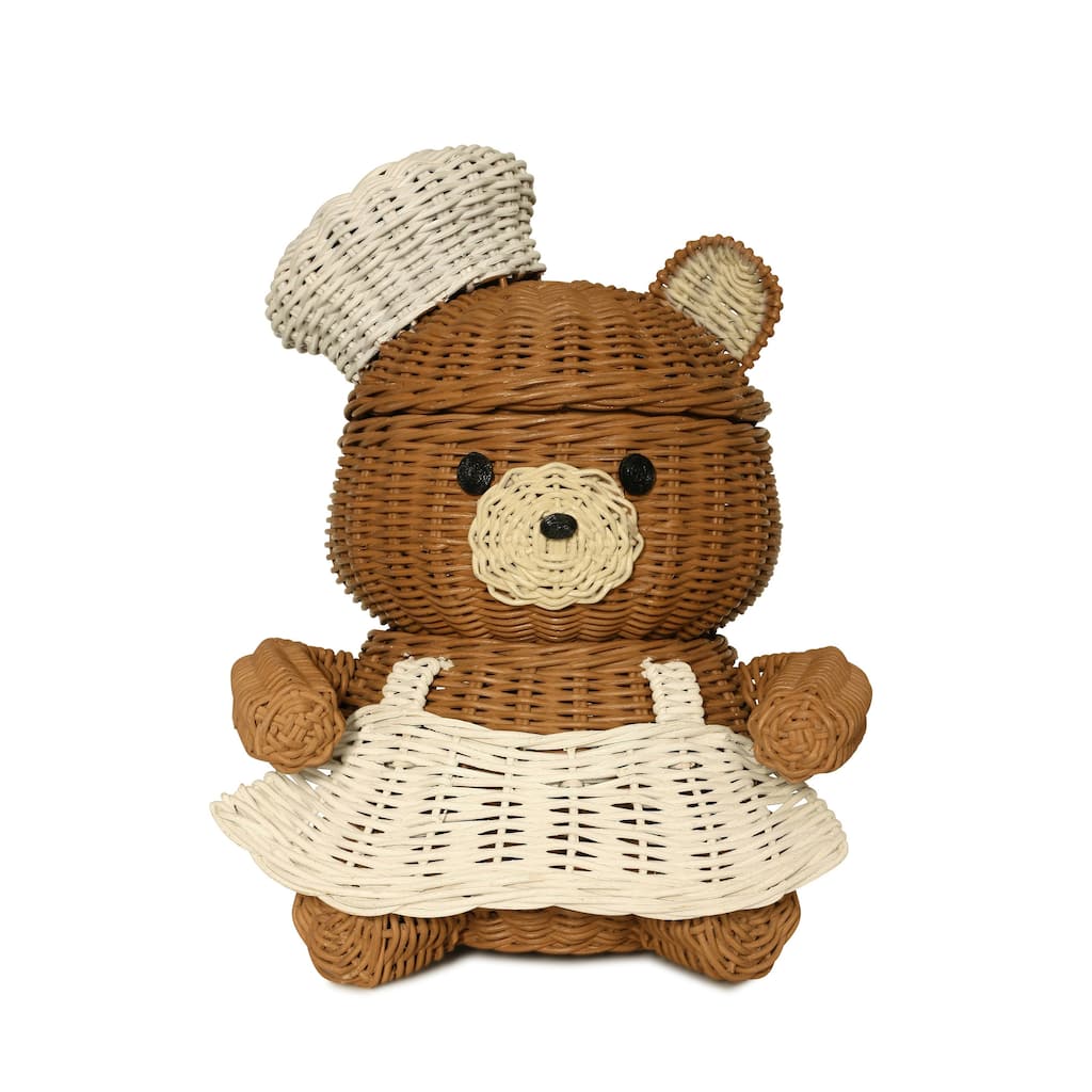 Chef Bear Rattan Storage Basket with Lid Decorative Home Decor Hand Woven Shelf Organizer Cute Handmade Handcrafted Gift Artwork