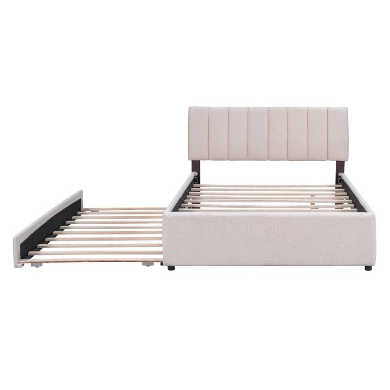 Full Size Upholstered Bed with Twin Trundle, Teddy Fleece Fabric, and Remote-Controlled LED Lights