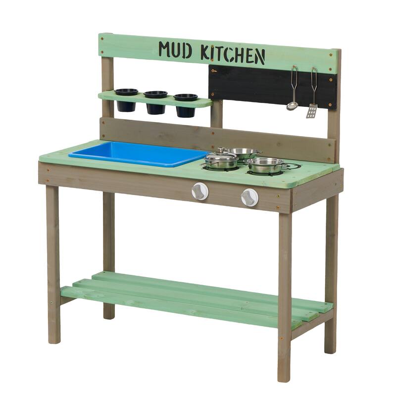 Kids Play Kitchen, Wood Mud Kitchen with Water Play Set & Cooking Toys for Outdoor