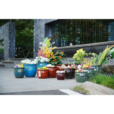 Orange Ceramic Planter Set of 3 - 14.6 Inch Square Modern Flower Pots with Drainage Holes