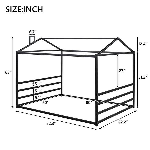 Black Queen Size Metal House Shape Platform Bed