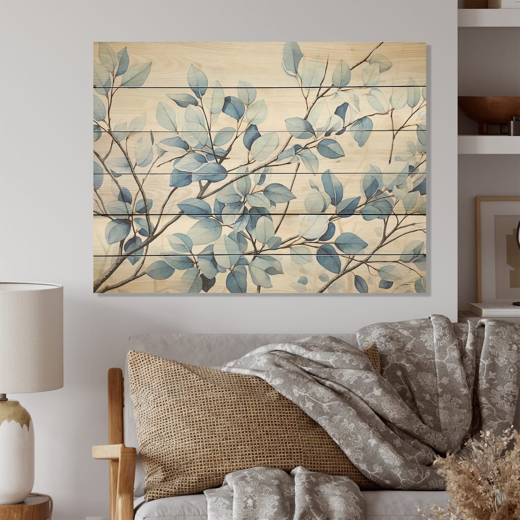 Designart "Blue And Grey Leave Bloom" Leaves Wood Wall Decor - Traditional Blue Wood Panel On Natural Pine Wood