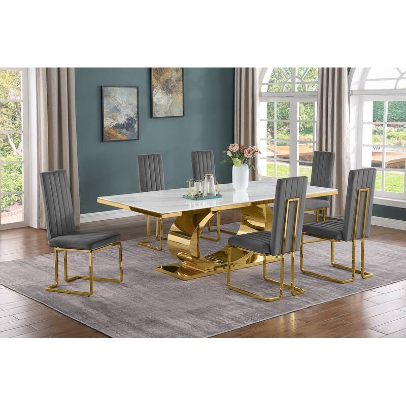Best Quality Furniture D432/3-SC340-7 Dining Set with 87" White Marble Top - Dark Grey / Gold - 7-Piece