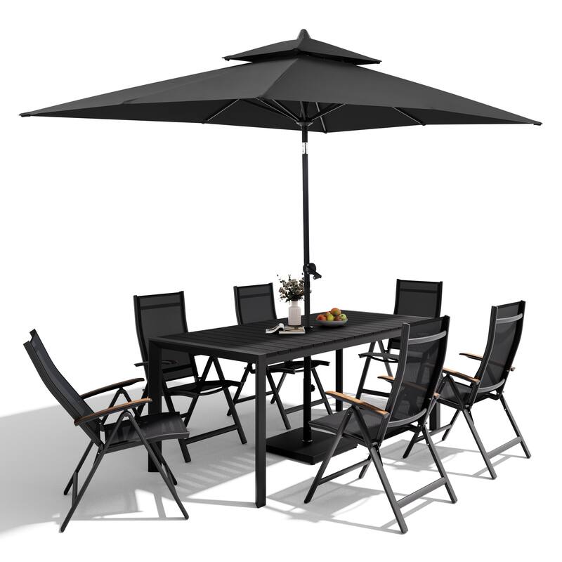 9-Piece Outdoor Patio Dining Set Wood Like Aluminum Umbrella Hole Table with Folding Chairs, Market Umbrella and Base