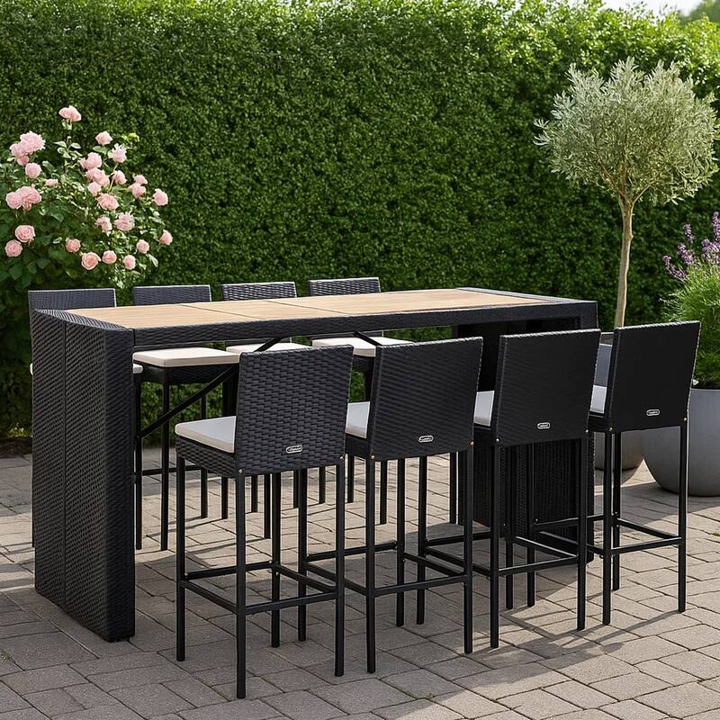 9pc Outdoor Bar Table Set with 8 Chairs Black Poly Rattan, Acacia Wood