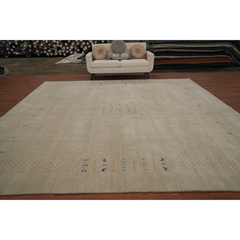 Hand Knotted Oriental 100% Wool Carpet Tribal Animal Pictorial Beige & Ivories Gabbeh Area Rug - 11' 10'' X 12' 3''