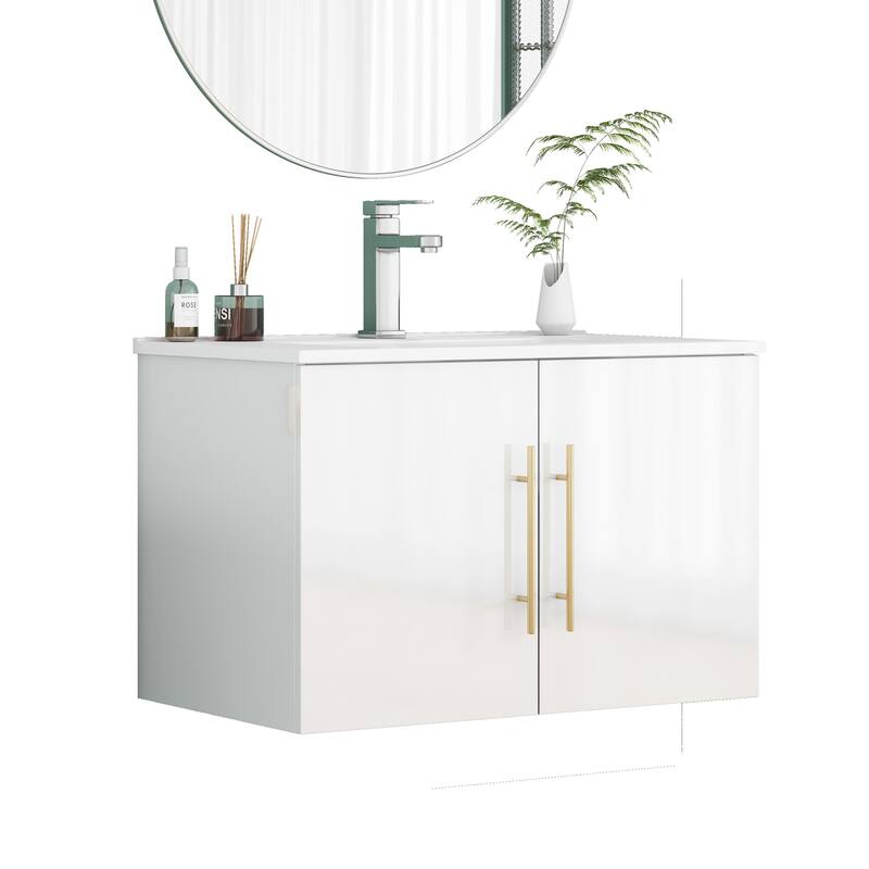 30-Inch Gloss Wall-Mounted Bathroom Vanity with Double Doors, Soft-Close Hangers,Long Gold Metal Handle