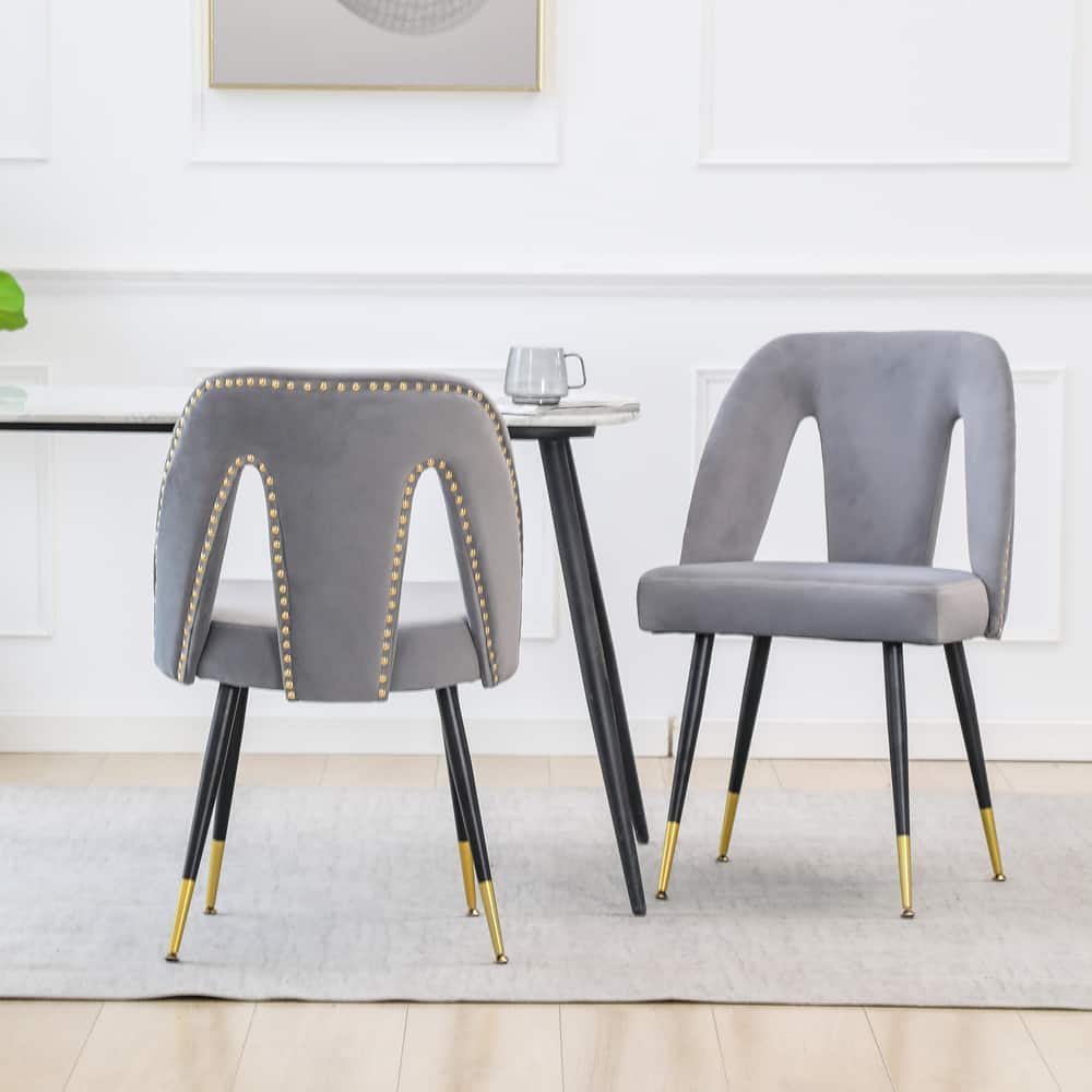 Modern Velvet Upholstered Dining Chair with Nailheads & Metal Legs - Black Set of 2