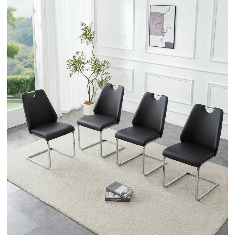 Dining Chairs Set of 4, Faux Leather Kitchen Chairs with Chrome Pull Handle, High Back Upholstered Dining Room Chair