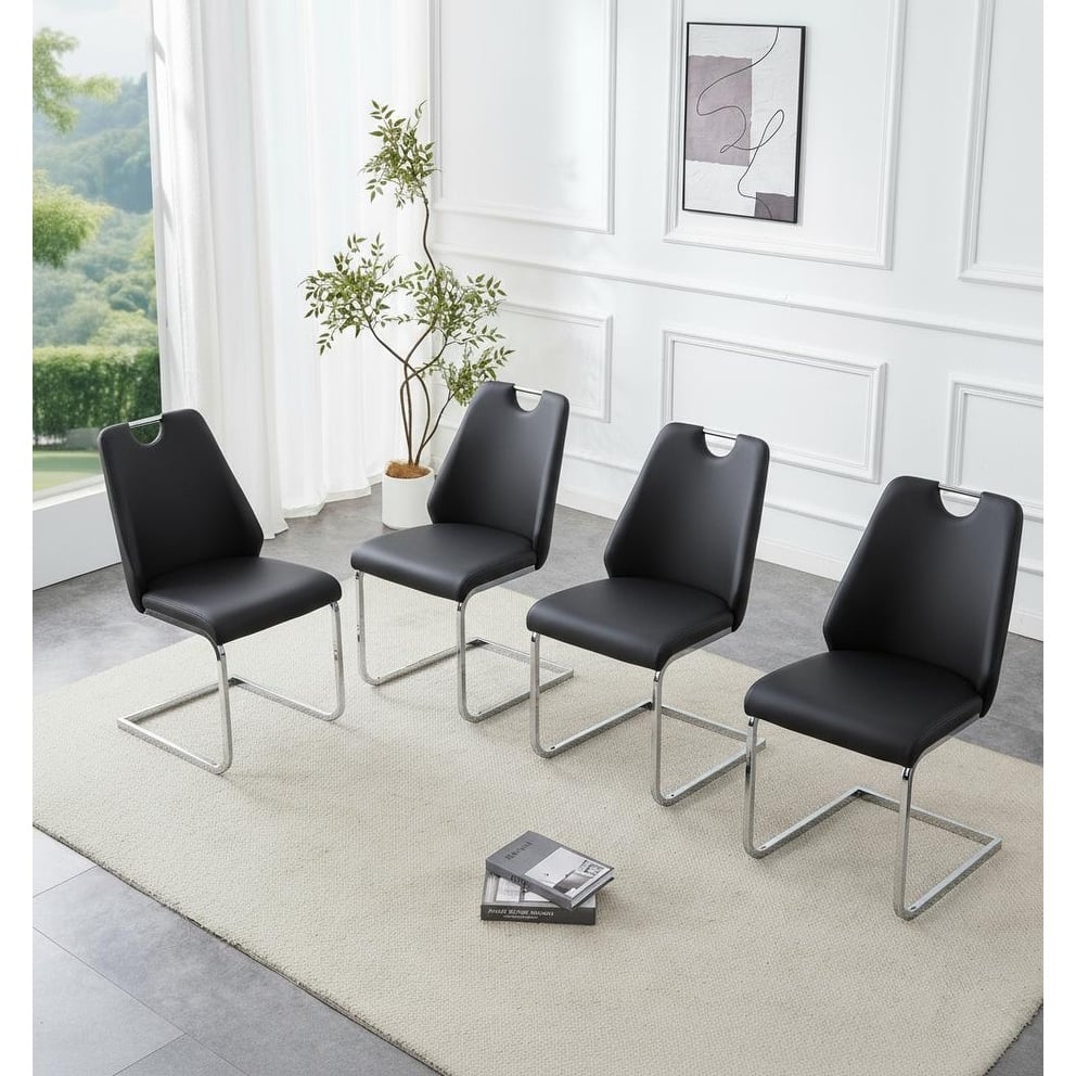 Dining Chairs Set of 4, Faux Leather Kitchen Chairs with Gold Mesh Texture, Silver Back Ring and Chrome Pull Handle