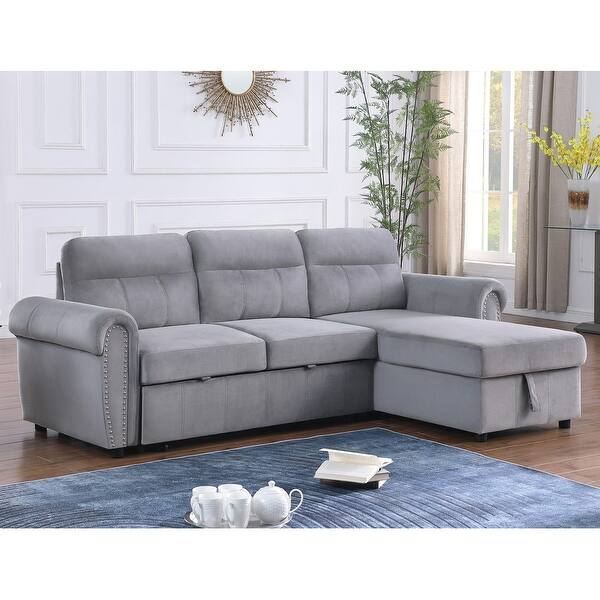 Gray Velvet Fabric Reversible Sleeper Sectional Sofa Chaise - Bed Bath ...