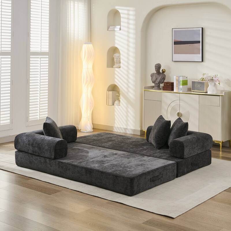 Chenille Convertible Floor Sofa Bed with Armrest for Living Room
