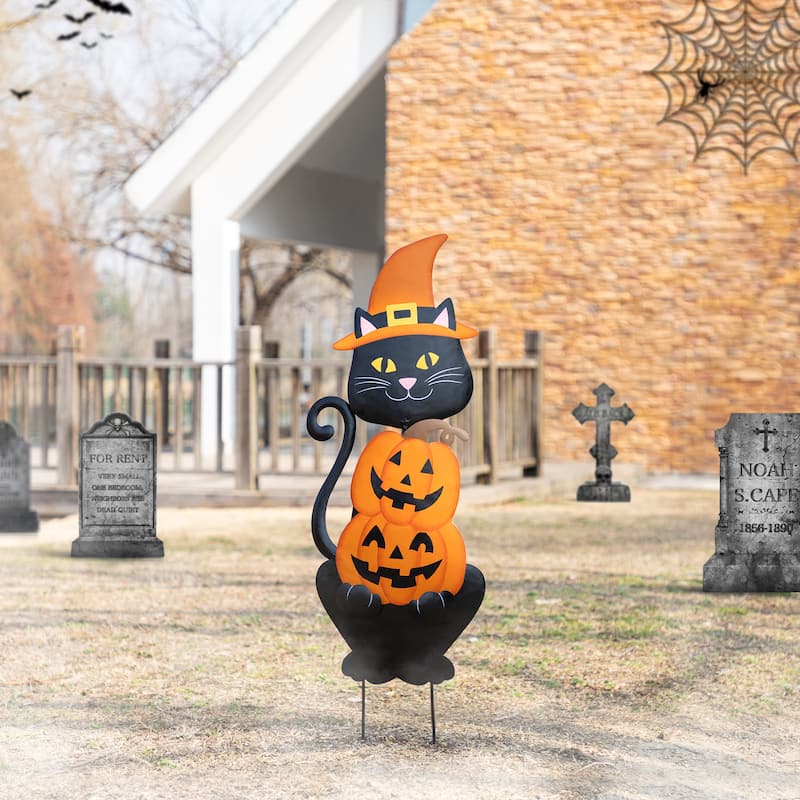 Glitzhome Halloween Metal Black Cat or Labrador in Pumpkin Yard Stake Wall Decor - Black Cat