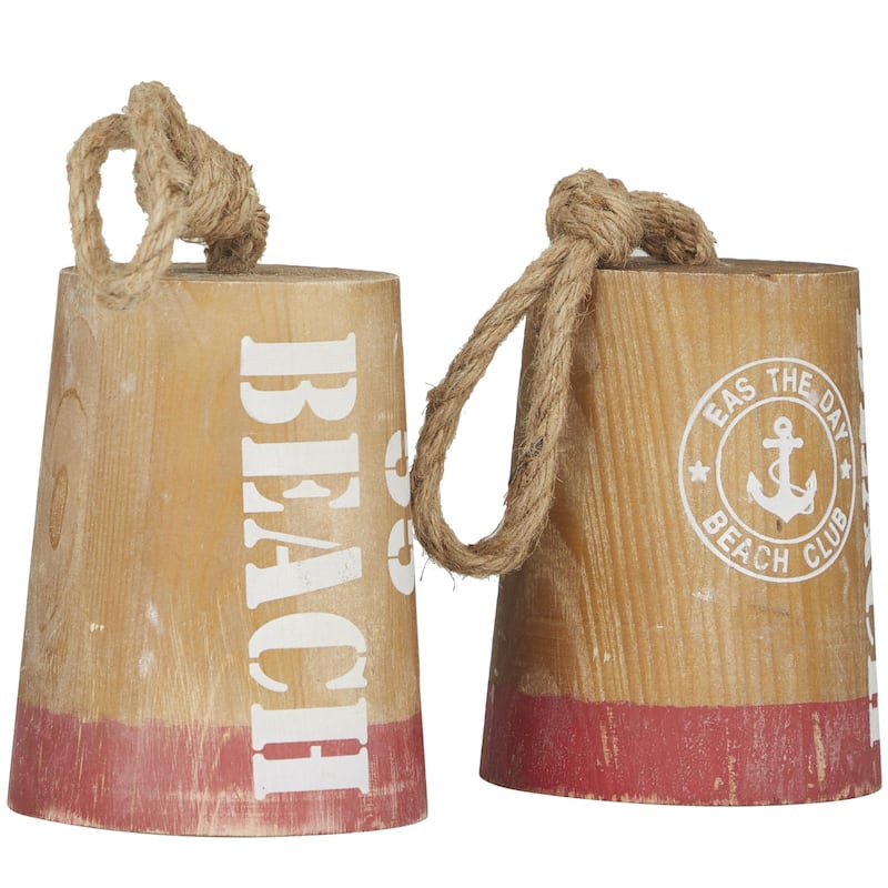 Wood Buoy Door Stopper Decorative Sculpture with Rope Accents - Set of 2 Brown - Roche River Decor