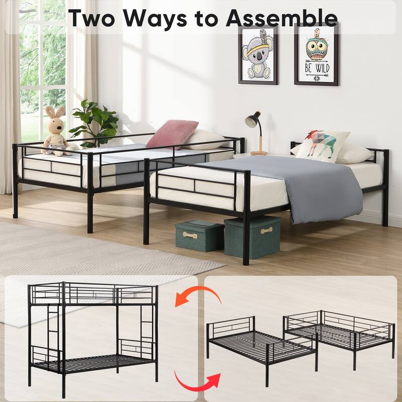 Space-Saving Twin Over Twin Metal Bunk Bed with Trundle, Black - Easy Assembly, No Box Spring Needed