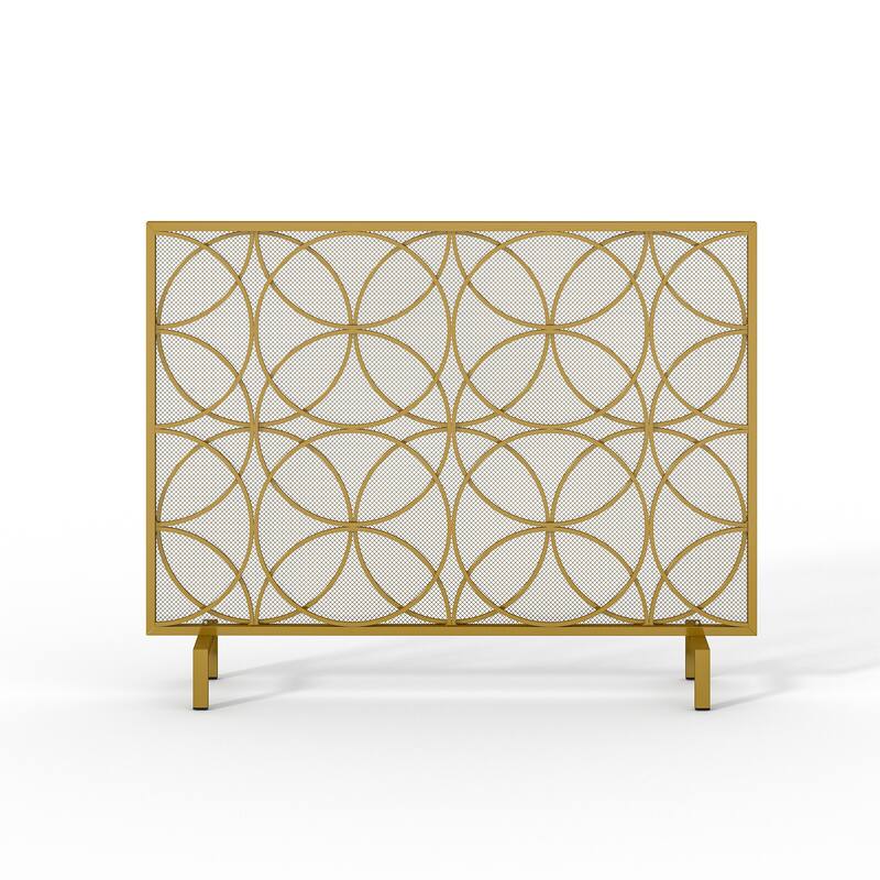 Gold Metal Fireplace Screen, Decorative Single Panel Fire Screen with Geometric Design, Mesh Spark Guard