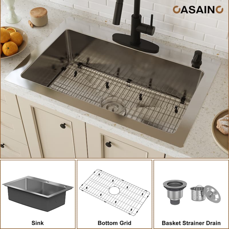 33 in. Drop-in Single Bowl 18 Gauge Brushed Stainless Steel Kitchen Sink with Bottom Grid and Basket Strainer, cUPC Certified
