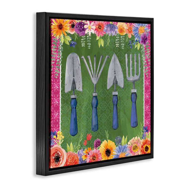 Stupell Gardening Tools & Floral Border Framed Floater Canvas Wall Art Design By Nicole DeCamp